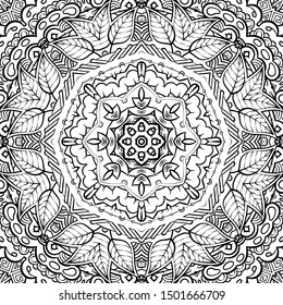 Seamless tracery tile mehndi design. Ethnic ornament, doodle symmetry texture. Folk traditional spiritual tribal design. Curved doodling motif. Binary monochrome black and white art. Vector