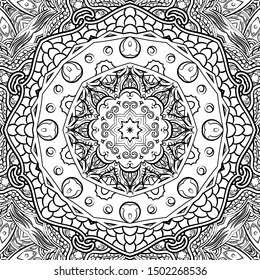 Seamless tracery tile mehndi design. Ethnic ornament, doodle symmetry texture. Folk traditional spiritual tribal design. Curved doodling motif. Binary monochrome black and white art. Vector