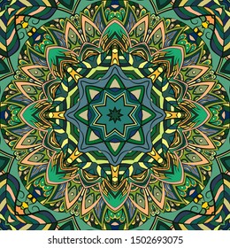 Seamless tracery tile mehndi design. Ethnic ornament, colorful doodle symmetry texture. Folk traditional spiritual tribal design. Curved doodling motif. Color art. Vector