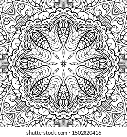Seamless tracery tile mehndi design. Ethnic ornament, doodle symmetry texture. Folk traditional spiritual tribal design. Curved doodling motif. Binary monochrome black and white art. Vector