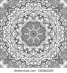 Seamless tracery tile mehndi design. Ethnic ornament, doodle symmetry texture. Folk traditional spiritual tribal design. Curved doodling motif. Binary monochrome black and white art. Vector