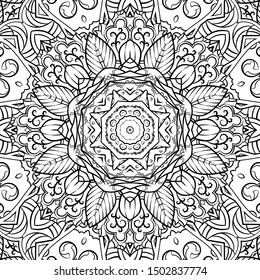 Seamless tracery tile mehndi design. Ethnic ornament, doodle symmetry texture. Folk traditional spiritual tribal design. Curved doodling motif. Binary monochrome black and white art. Vector