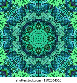 Seamless tracery tile mehndi design. Ethnic ornament, colorful doodle symmetry texture. Folk traditional spiritual tribal design. Curved doodling motif. Color art. Vector
