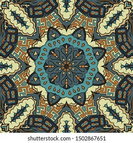 Seamless tracery tile mehndi design. Ethnic ornament, colorful doodle symmetry texture. Folk traditional spiritual tribal design. Curved doodling motif. Color art. Vector