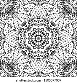 Seamless tracery tile mehndi design. Ethnic ornament, doodle symmetry texture. Folk traditional spiritual tribal design. Curved doodling motif. Binary monochrome black and white art. Vector