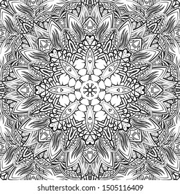 Seamless tracery tile mehndi design. Ethnic ornament, doodle symmetry texture. Folk traditional spiritual tribal design. Curved doodling motif. Binary monochrome black and white art. Vector