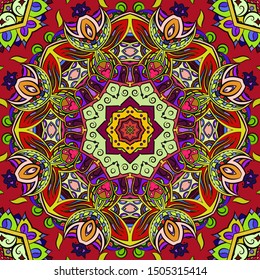 Seamless tracery tile mehndi design. Ethnic ornament, colorful doodle symmetry texture. Folk traditional spiritual tribal design. Curved doodling motif. Color art. Vector