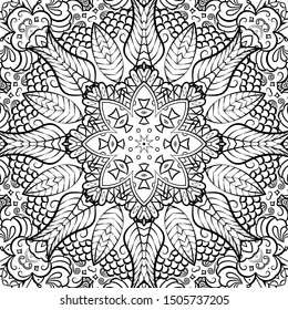 Seamless tracery tile mehndi design. Ethnic ornament, doodle symmetry texture. Folk traditional spiritual tribal design. Curved doodling motif. Binary monochrome black and white art. Vector