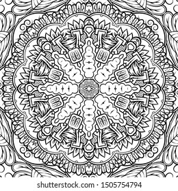 Seamless tracery tile mehndi design. Ethnic ornament, doodle symmetry texture. Folk traditional spiritual tribal design. Curved doodling motif. Binary monochrome black and white art. Vector