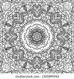 Seamless tracery tile mehndi design. Ethnic ornament, doodle symmetry texture. Folk traditional spiritual tribal design. Curved doodling motif. Binary monochrome black and white art. Vector