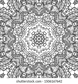 Seamless tracery tile mehndi design. Ethnic ornament, doodle symmetry texture. Folk traditional spiritual tribal design. Curved doodling motif. Binary monochrome black and white art. Vector