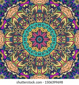 Seamless tracery tile mehndi design. Ethnic ornament, colorful doodle symmetry texture. Folk traditional spiritual tribal design. Curved doodling motif. Color art. Vector