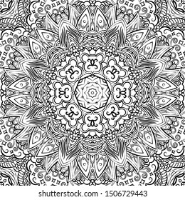 Seamless tracery tile mehndi design. Ethnic ornament, doodle symmetry texture. Folk traditional spiritual tribal design. Curved doodling motif. Binary monochrome black and white art. Vector