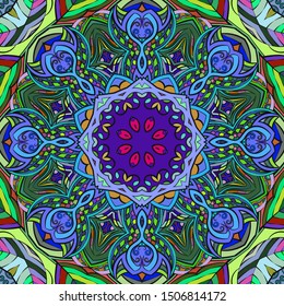 Seamless tracery tile mehndi design. Ethnic ornament, colorful doodle symmetry texture. Folk traditional spiritual tribal design. Curved doodling motif. Color art. Vector