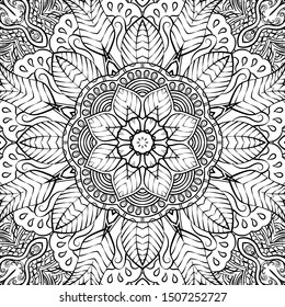 Seamless tracery tile mehndi design. Ethnic ornament, doodle symmetry texture. Folk traditional spiritual tribal design. Curved doodling motif. Binary monochrome black and white art. Vector