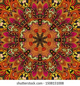 Seamless tracery tile mehndi design. Ethnic ornament, colorful doodle symmetry texture. Folk traditional spiritual tribal design. Curved doodling motif. Color art. Vector