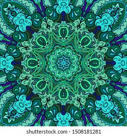 Seamless tracery tile mehndi design. Ethnic ornament, colorful doodle symmetry texture. Folk traditional spiritual tribal design. Curved doodling motif. Color art. Vector