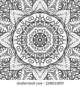 Seamless tracery tile mehndi design. Ethnic ornament, doodle symmetry texture. Folk traditional spiritual tribal design. Curved doodling motif. Binary monochrome black and white art. Vector