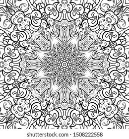 Seamless tracery tile mehndi design. Ethnic ornament, doodle symmetry texture. Folk traditional spiritual tribal design. Curved doodling motif. Binary monochrome black and white art. Vector