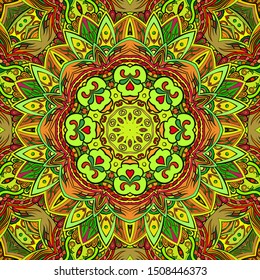 Seamless tracery tile mehndi design. Ethnic ornament, colorful doodle symmetry texture. Folk traditional spiritual tribal design. Curved doodling motif. Color art. Vector
