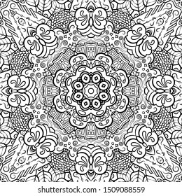 Seamless tracery tile mehndi design. Ethnic ornament, doodle symmetry texture. Folk traditional spiritual tribal design. Curved doodling motif. Binary monochrome black and white art. Vector