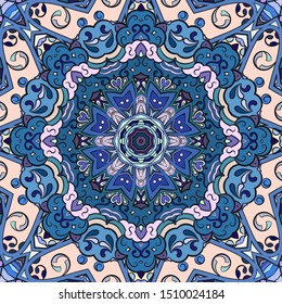 Seamless tracery tile mehndi design. Ethnic ornament, colorful doodle symmetry texture. Folk traditional spiritual tribal design. Curved doodling motif. Color art. Vector