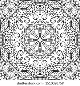 Seamless tracery tile mehndi design. Ethnic ornament, doodle symmetry texture. Folk traditional spiritual tribal design. Curved doodling motif. Binary monochrome black and white art. Vector