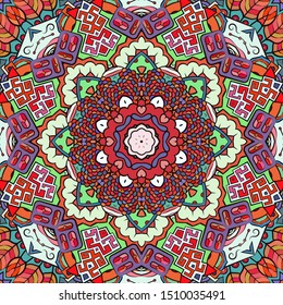 Seamless tracery tile mehndi design. Ethnic ornament, colorful doodle symmetry texture. Folk traditional spiritual tribal design. Curved doodling motif. Color art. Vector