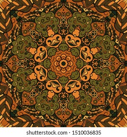 Seamless tracery tile mehndi design. Ethnic ornament, colorful doodle symmetry texture. Folk traditional spiritual tribal design. Curved doodling motif. Color art. Vector