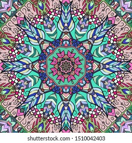 Seamless tracery tile mehndi design. Ethnic ornament, colorful doodle symmetry texture. Folk traditional spiritual tribal design. Curved doodling motif. Color art. Vector
