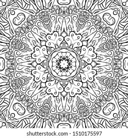 Seamless tracery tile mehndi design. Ethnic ornament, doodle symmetry texture. Folk traditional spiritual tribal design. Curved doodling motif. Binary monochrome black and white art. Vector