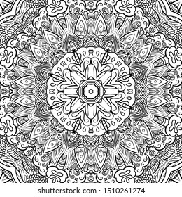 Seamless tracery tile mehndi design. Ethnic ornament, doodle symmetry texture. Folk traditional spiritual tribal design. Curved doodling motif. Binary monochrome black and white art. Vector