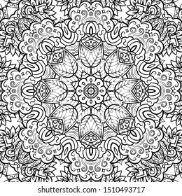 Seamless tracery tile mehndi design. Ethnic ornament, doodle symmetry texture. Folk traditional spiritual tribal design. Curved doodling motif. Binary monochrome black and white art. Vector