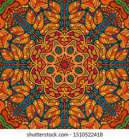 Seamless tracery tile mehndi design. Ethnic ornament, colorful doodle symmetry texture. Folk traditional spiritual tribal design. Curved doodling motif. Color art. Vector