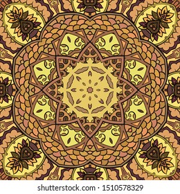 Seamless tracery tile mehndi design. Ethnic ornament, colorful doodle symmetry texture. Folk traditional spiritual tribal design. Curved doodling motif. Color art. Vector