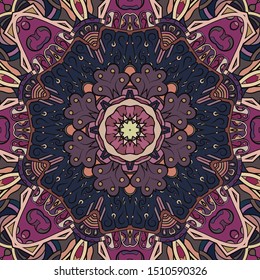 Seamless tracery tile mehndi design. Ethnic ornament, colorful doodle symmetry texture. Folk traditional spiritual tribal design. Curved doodling motif. Color art. Vector