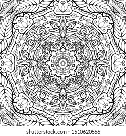 Seamless tracery tile mehndi design. Ethnic ornament, doodle symmetry texture. Folk traditional spiritual tribal design. Curved doodling motif. Binary monochrome black and white art. Vector