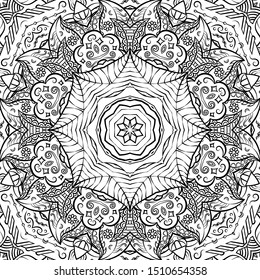 Seamless tracery tile mehndi design. Ethnic ornament, doodle symmetry texture. Folk traditional spiritual tribal design. Curved doodling motif. Binary monochrome black and white art. Vector