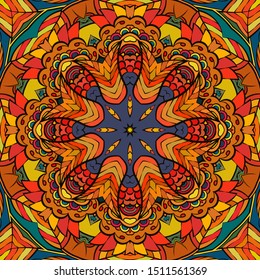 Seamless tracery tile mehndi design. Ethnic ornament, colorful doodle symmetry texture. Folk traditional spiritual tribal design. Curved doodling motif. Color art. Vector