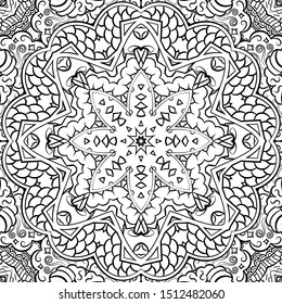 Seamless tracery tile mehndi design. Ethnic ornament, doodle symmetry texture. Folk traditional spiritual tribal design. Curved doodling motif. Binary monochrome black and white art. Vector