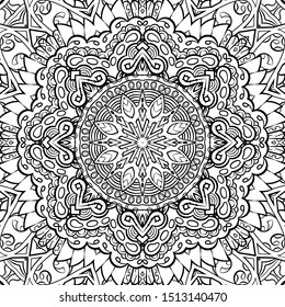 Seamless tracery tile mehndi design. Ethnic ornament, doodle symmetry texture. Folk traditional spiritual tribal design. Curved doodling motif. Binary monochrome black and white art. Vector