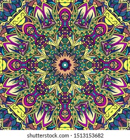 Seamless tracery tile mehndi design. Ethnic ornament, colorful doodle symmetry texture. Folk traditional spiritual tribal design. Curved doodling motif. Color art. Vector
