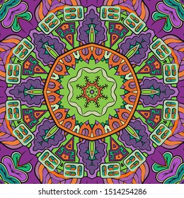 Seamless tracery tile mehndi design. Ethnic ornament, colorful doodle symmetry texture. Folk traditional spiritual tribal design. Curved doodling motif. Color art. Vector