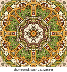 Seamless tracery tile mehndi design. Ethnic ornament, colorful doodle symmetry texture. Folk traditional spiritual tribal design. Curved doodling motif. Color art. Vector