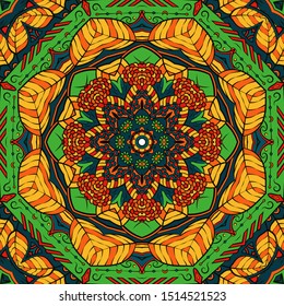 Seamless tracery tile mehndi design. Ethnic ornament, colorful doodle symmetry texture. Folk traditional spiritual tribal design. Curved doodling motif. Color art. Vector