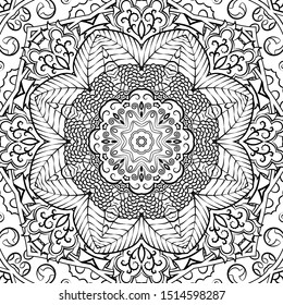 Seamless tracery tile mehndi design. Ethnic ornament, doodle symmetry texture. Folk traditional spiritual tribal design. Curved doodling motif. Binary monochrome black and white art. Vector