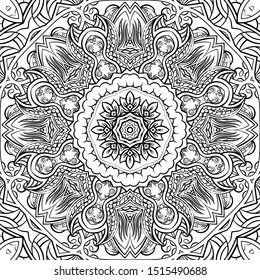 Seamless tracery tile mehndi design. Ethnic ornament, doodle symmetry texture. Folk traditional spiritual tribal design. Curved doodling motif. Binary monochrome black and white art. Vector