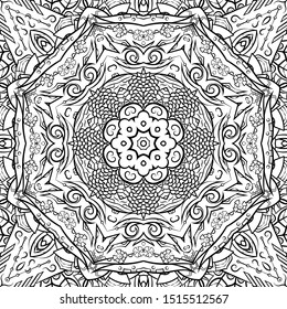 Seamless tracery tile mehndi design. Ethnic ornament, doodle symmetry texture. Folk traditional spiritual tribal design. Curved doodling motif. Binary monochrome black and white art. Vector