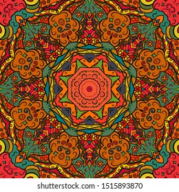 Seamless tracery tile mehndi design. Ethnic ornament, colorful doodle symmetry texture. Folk traditional spiritual tribal design. Curved doodling motif. Color art. Vector