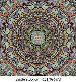 Seamless tracery tile mehndi design. Ethnic ornament, colorful doodle symmetry texture. Folk traditional spiritual tribal design. Curved doodling motif. Color art. Vector